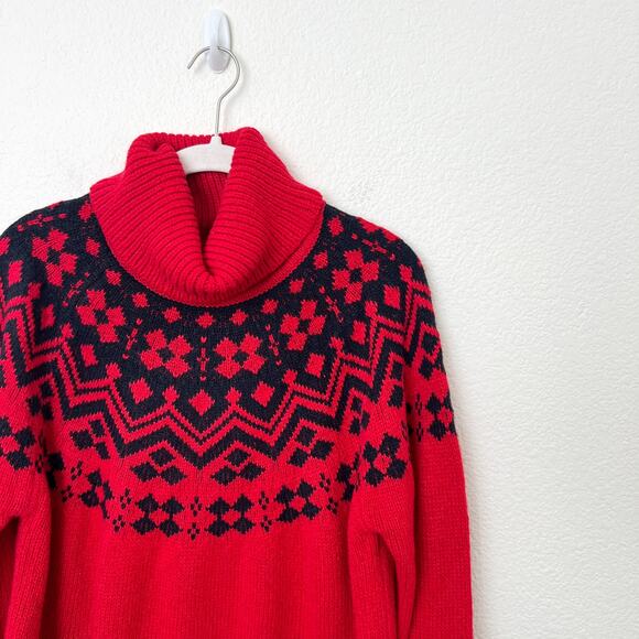 [Tommy Hilfiger] Red Black Fair Isle Nordic Print Chunky Turtleneck Sweater XL - Picture 7 of 12